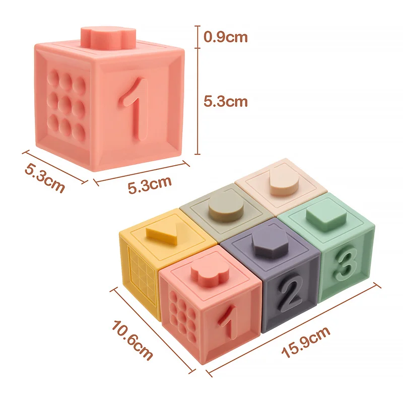 Hot PVC Soft Rubber Squeeze Cube Teether Toy Baby Teething Bite Play Stacking 3d Embossed Number Building Blocks