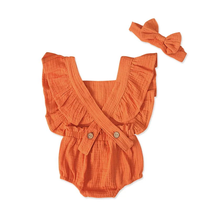 
lyc-3219 High quality Two-piece Off-shoulder short-sleeved solid color comfortable ruffle fashion baby girl romper 