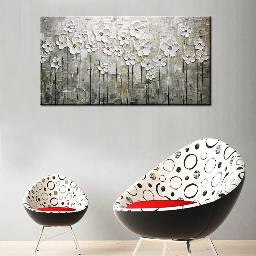 Wall Decoration 100% Handmade Canvas Modern White Flower Painting with Heavy Oil Paints