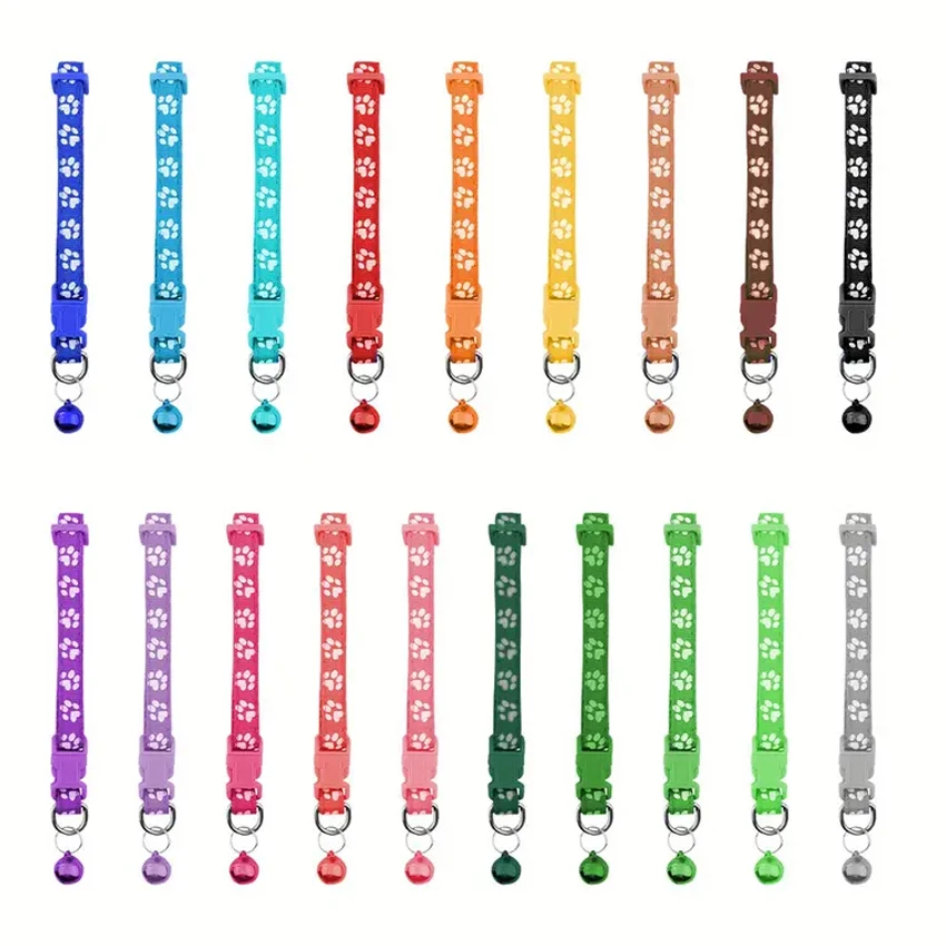 Adjustable Durable Nylon Dog Collars with Bell Quick Release Buckles Pet Breakaway Design Paw Pattern for Dogs