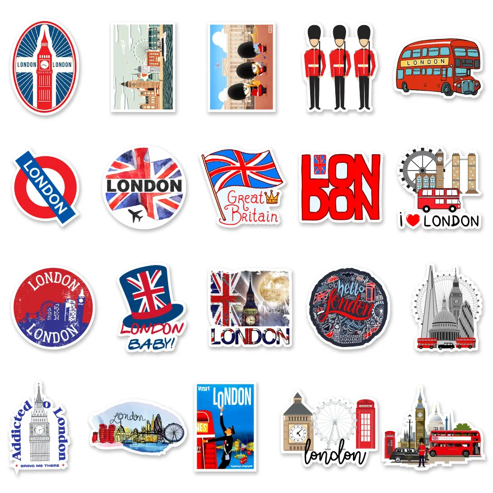 50 Pieces British Tourist Scenery Souvenir Sticker Notebook Luggage Scooter Water Cup Graffiti London Bus Decorative Stickers