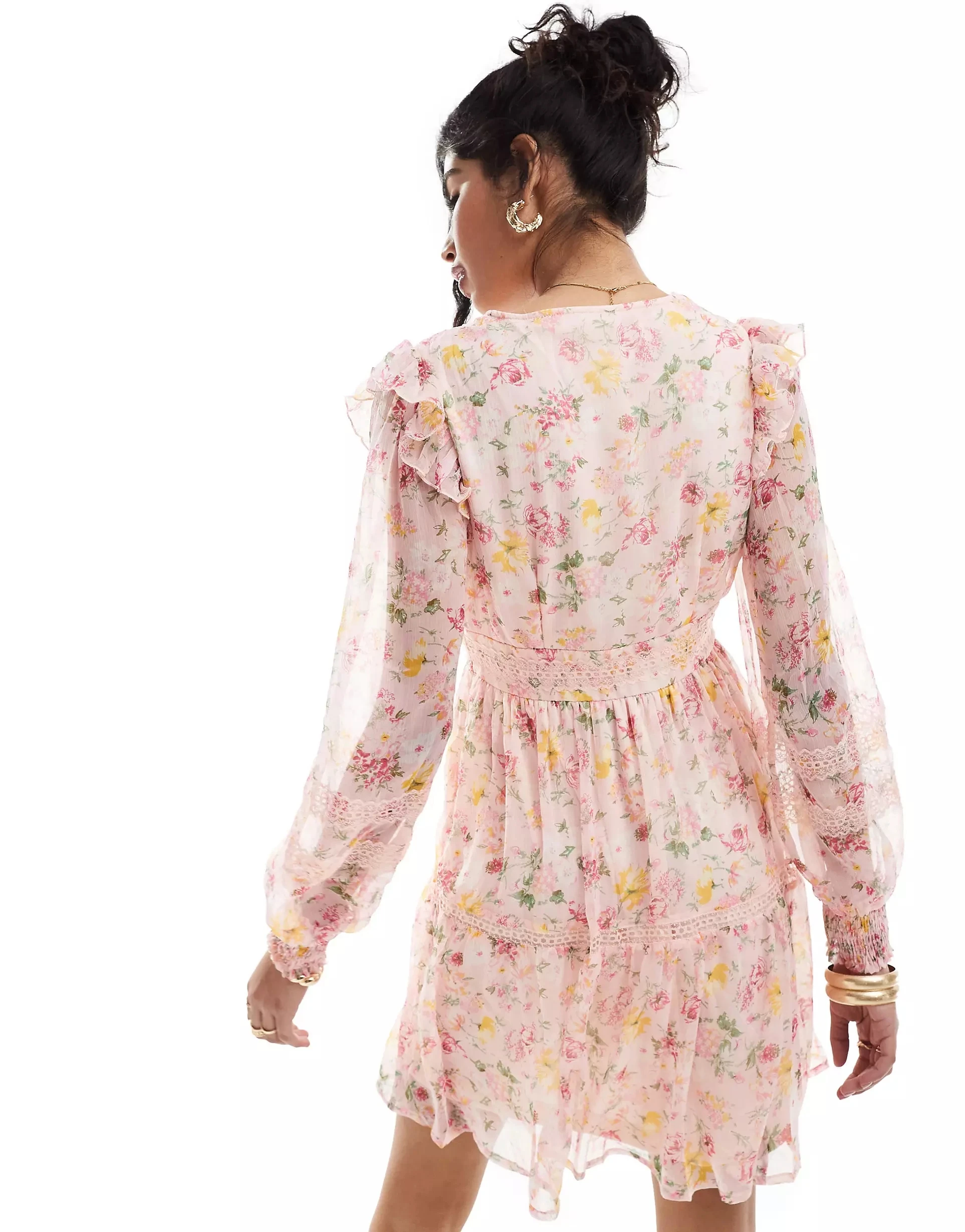 Deep V Neck Volume Sleeves Lace Insert Dusty Pink Chiffon Dresses For Women