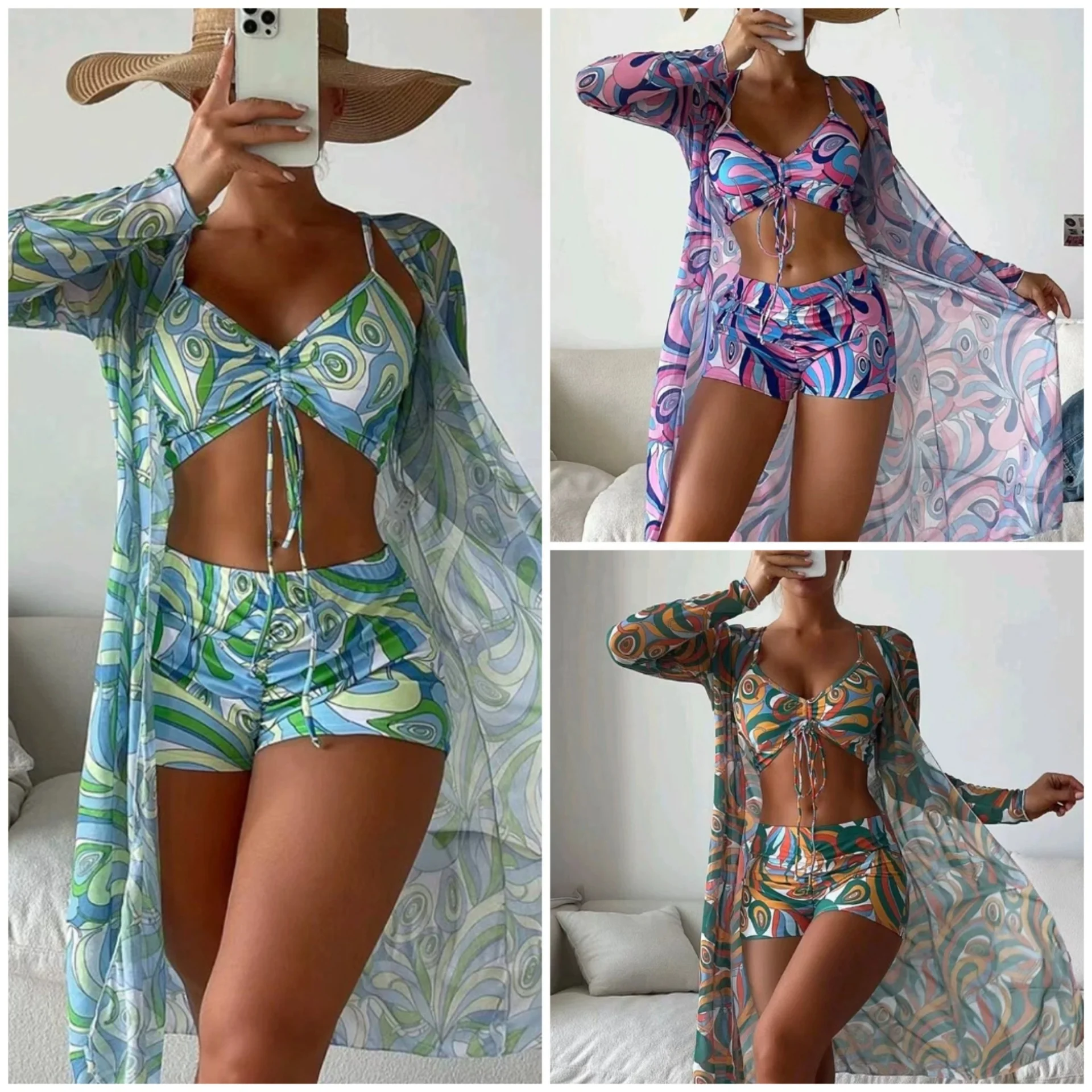 Intiflower  New Arrival Wholesale Plus Size 3 Piece Bathing Suits Cover Up High Waisted Bikini Swimsuit