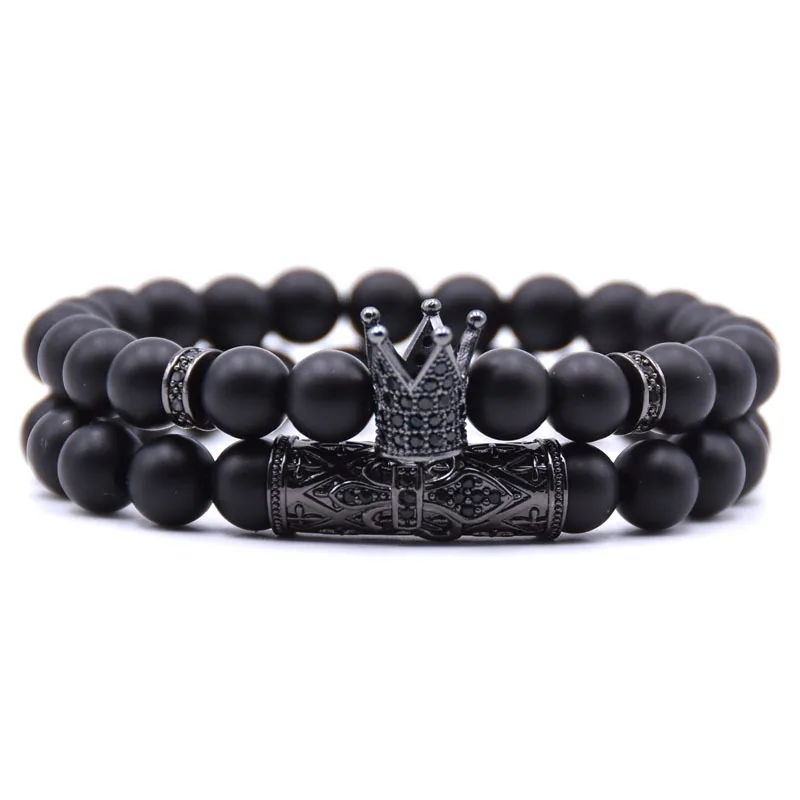 2Pcs/Set Natural Stone Man Classic Matte Black Bracelets Popular Pave CZ Small Crown Beaded Bracelet