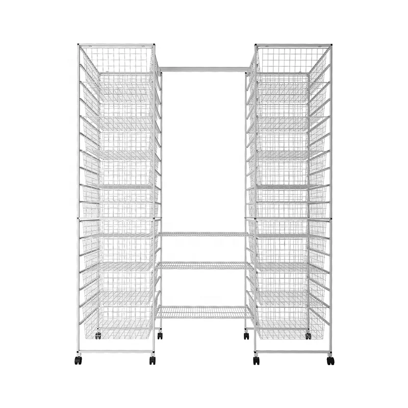 Contemporary Modern Simple Closet wire basket kits organizer White powder coating closet kits with 8 rotating wheels