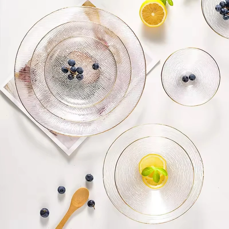 Wholesale Heat-Resistant New Cold Carved Hammer-Eye Pattern Gold-Rimmed Plate Creative Salad Crystal Bowl Plate Glass Tableware