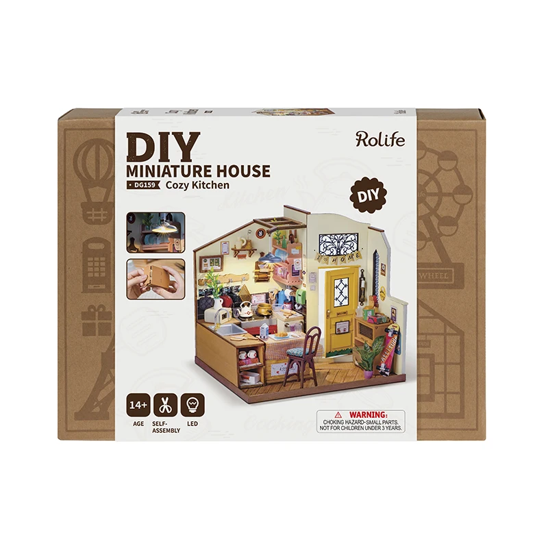 Robotime Rolife Handmade Puzzle Kit DG159 Cozy Kitchen 3D Diy Wooden Miniature Dollhouse