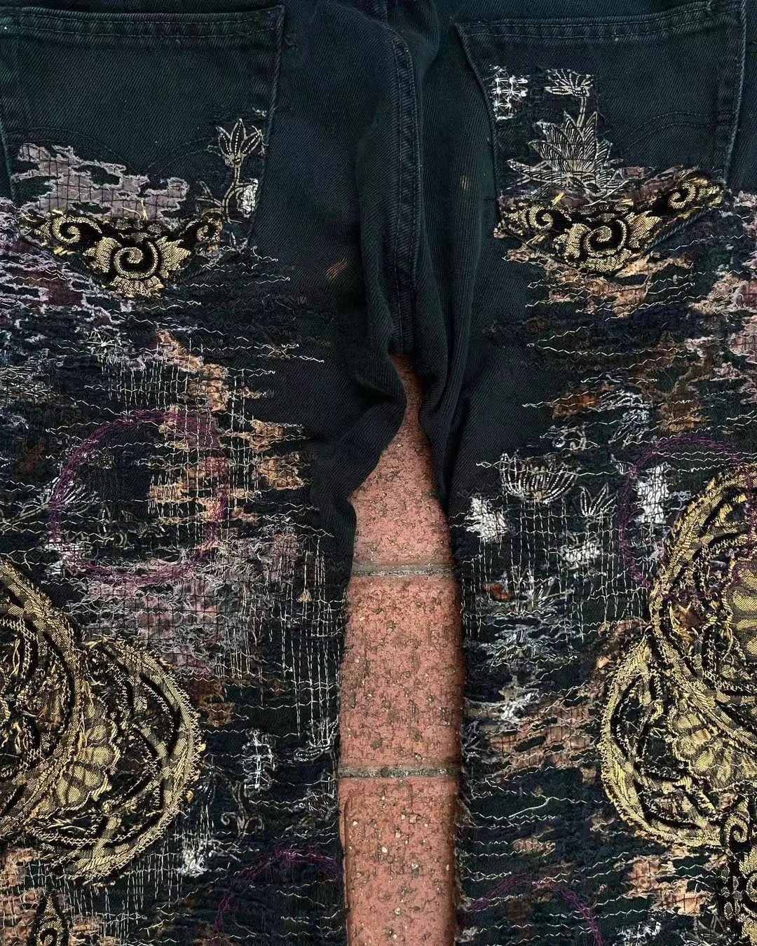 Zhuoyang garment BORO denim jeans bandana patchwork jeans  Customized brand logo denim pants distressed bandana jeans