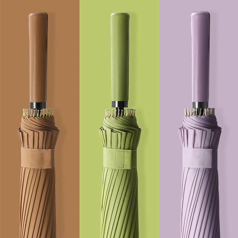 Cheap Straight Umbrella Automatic Opening Non Folding Umbrella With PU Leather Handle