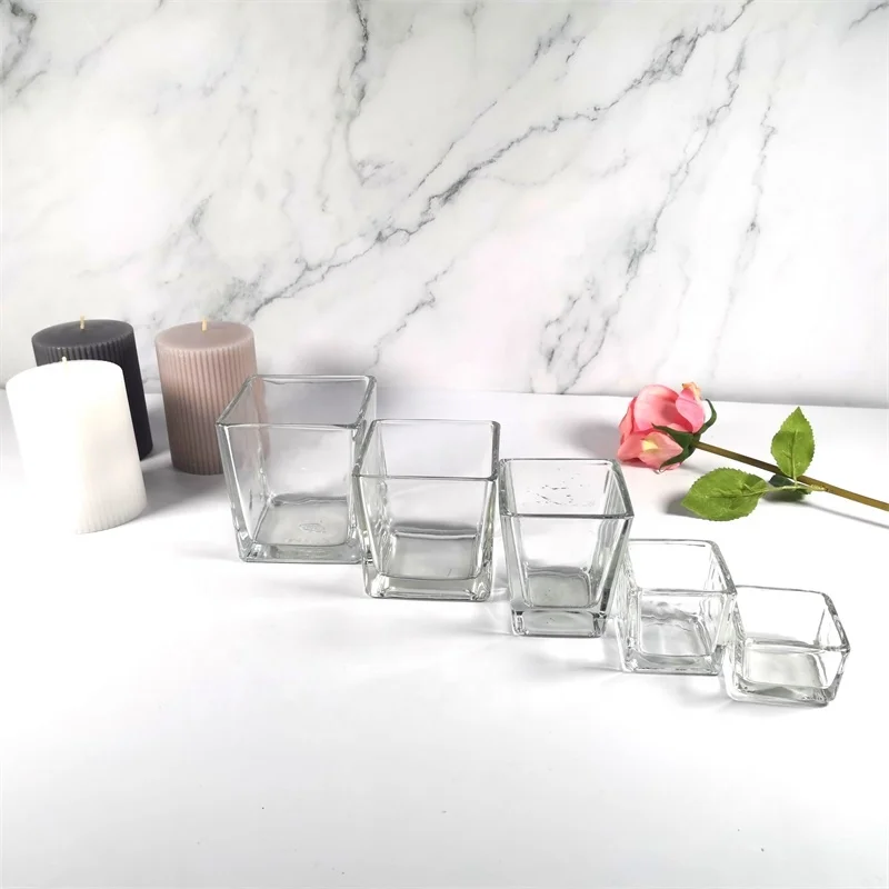 Square shape 4inch  glass candle holder hot sell candle jar for wedding and ceremony wholesale cheap clear candle glass holders