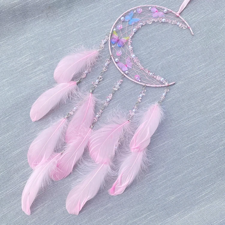New Promotion Hot Style Handcrafted Macrame Crystal Indian Feather Dream Catcher Moon Butterfly