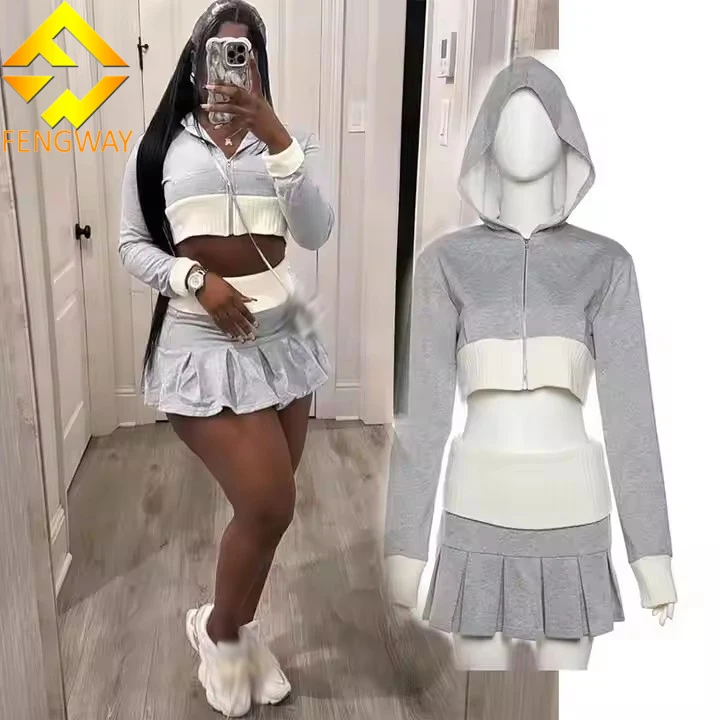 High Quality Custom Blank Patchwork Two Piece Set Zipper Crop Hoodies And Pleated Mini Skirt Sets For Women