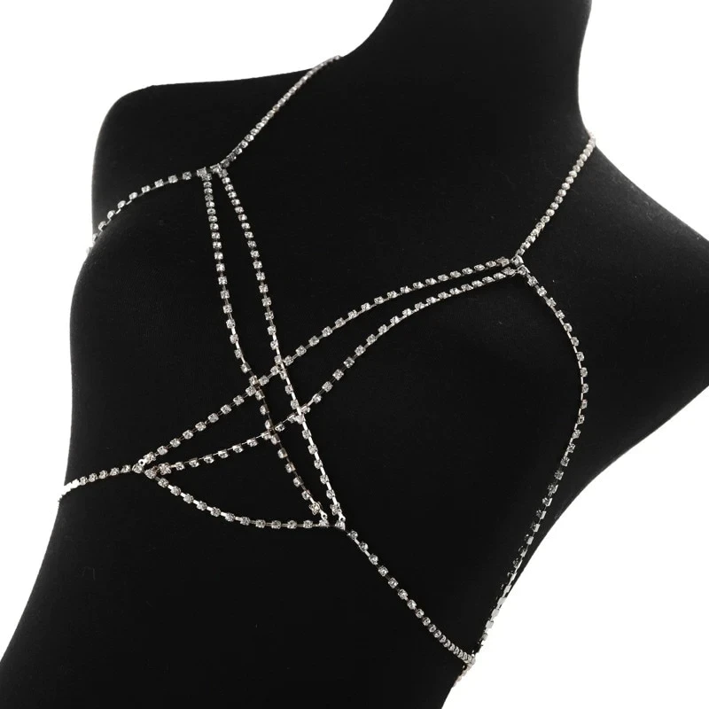 Women Sexy Crystal Rhinestone Cross Chest Boob chain Bra Outfit Double Layered Harness Bikinis Decor Breast Body Chain Jewelry