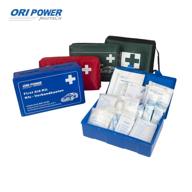 European standard best hot sell  DIN13164 first aid kits bags car emergency kit with warning triangle safety vest