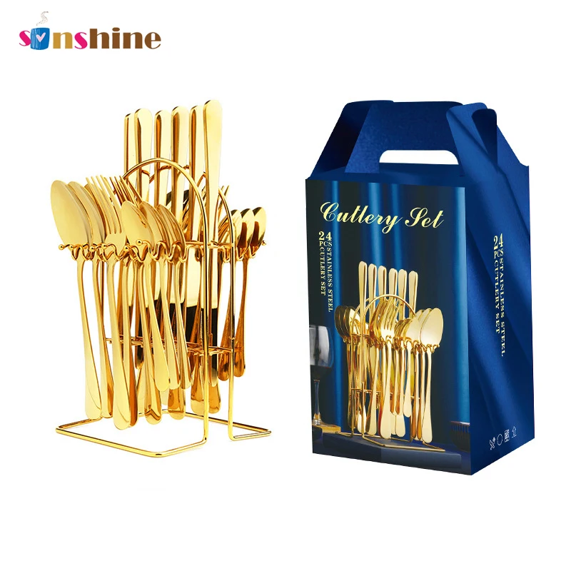 Amazon Hot Sale 24 Piece Stainless Steel Cutlery Set Western Steak Knife Fork Spoon Tableware Set For Christmas