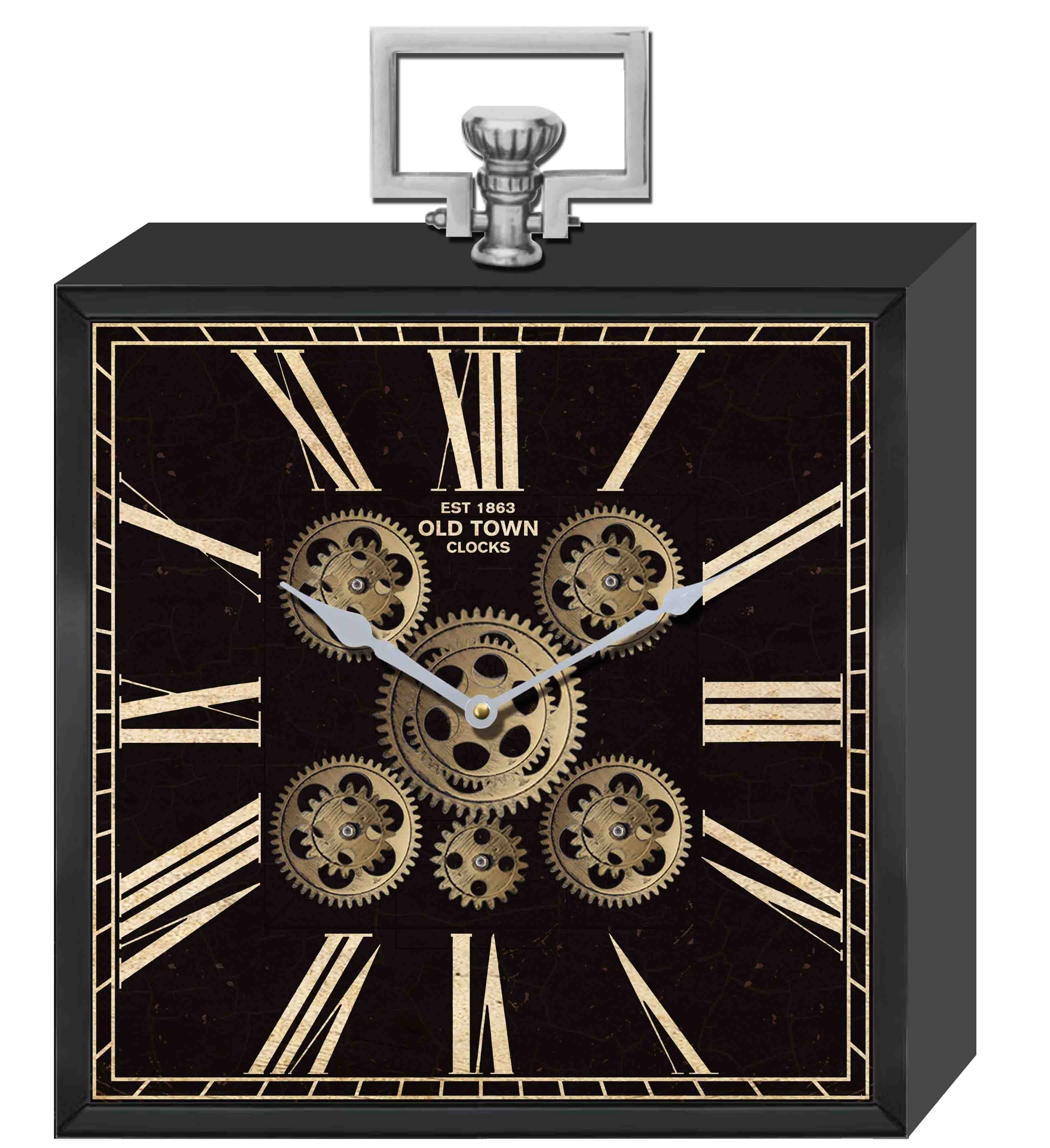 New Arrival 15 Inch Black Gray Color Classic Metal Desk&Table Clock With Moving Gears Battery Operated For Home Decoration