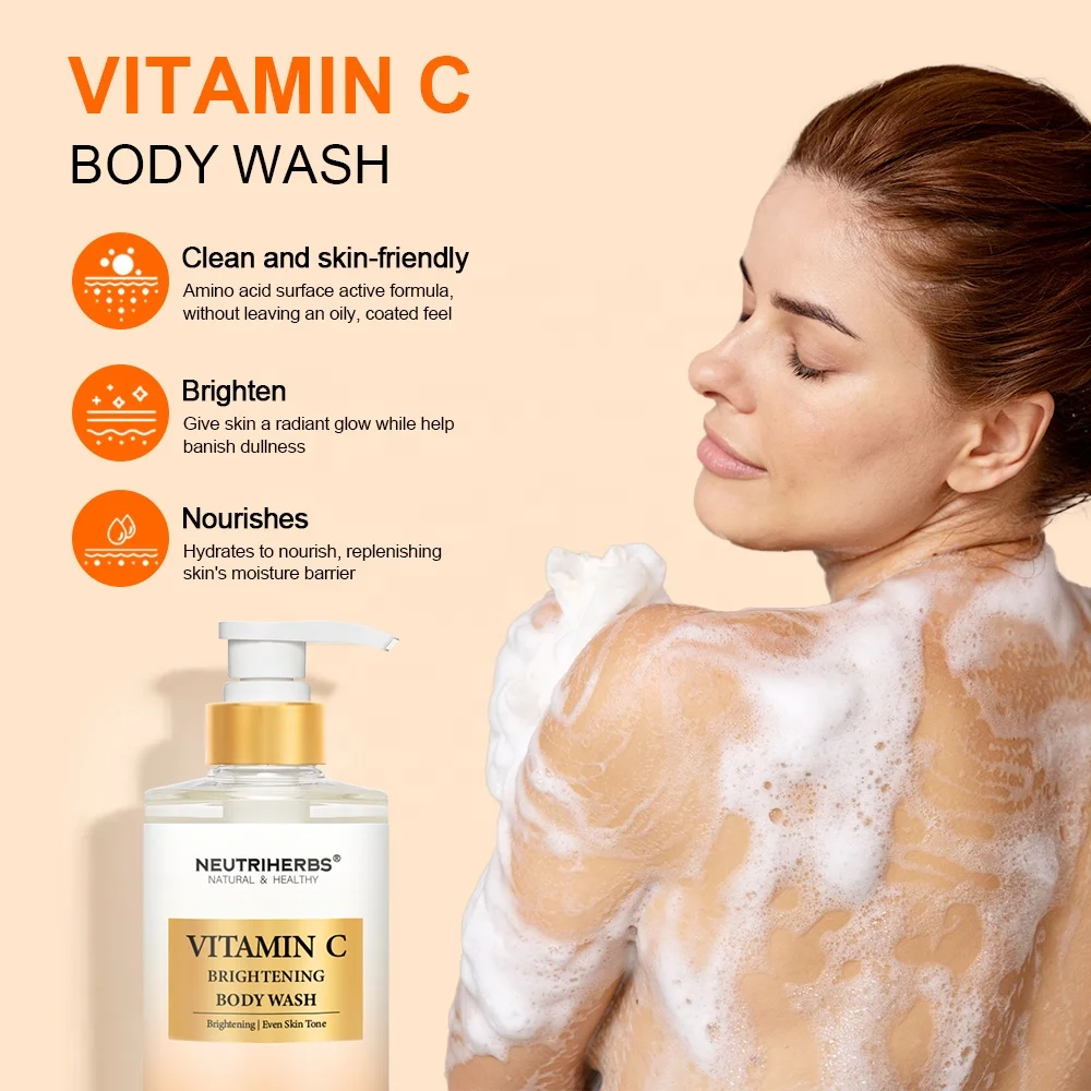 Private label herbal natural skin whitening lightening liquid vitamin c body wash shower gel for men women