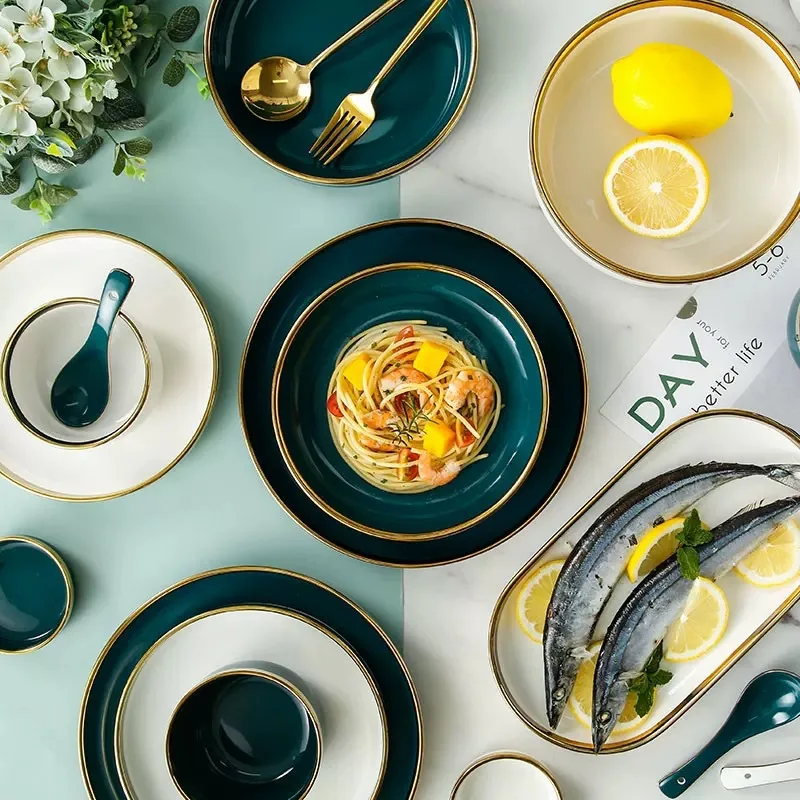  ZC Nordic INS creative luxury peacock green household porcelain tableware set ceramic plate dinnerware