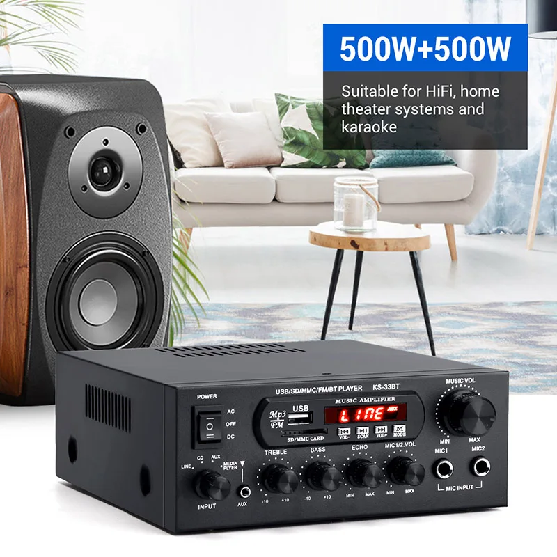  KS-33BT 1000 Вт синий зуб мощность sterio сабвуфер усилитель 2xmic домашней стереосистеме Hi-Fi FM 2 канальный цифровой Караоке-усилитель