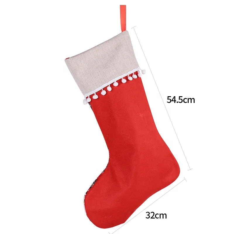 BSCI SJ0110-1 America popular burlap band snowy Christmas stocking lace balls custom plaid