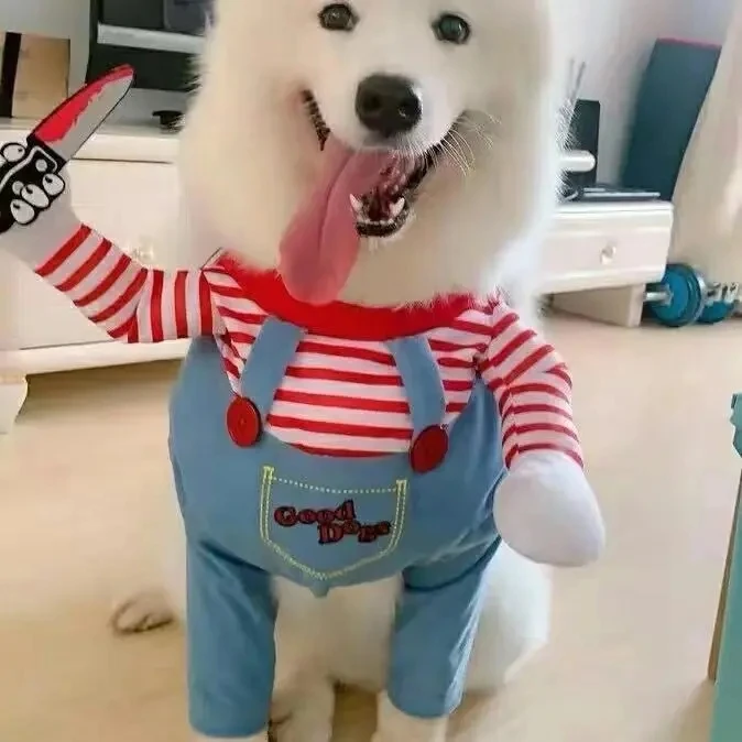 Hot selling funny pet chucky dog clothes cute doll Holding a Knife Halloween pet dog Costume