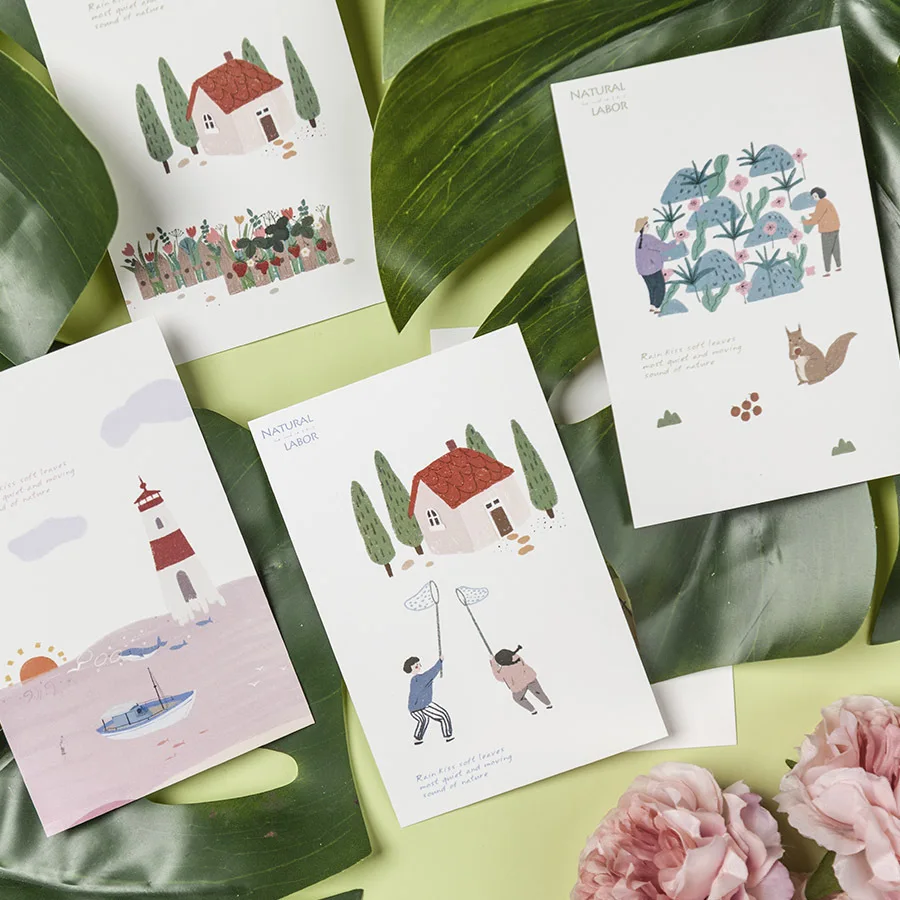 Wholesale Cute Aesthetic Postcards Creative And Fresh Hand-painted Message Greeting Cards Boxed Cards