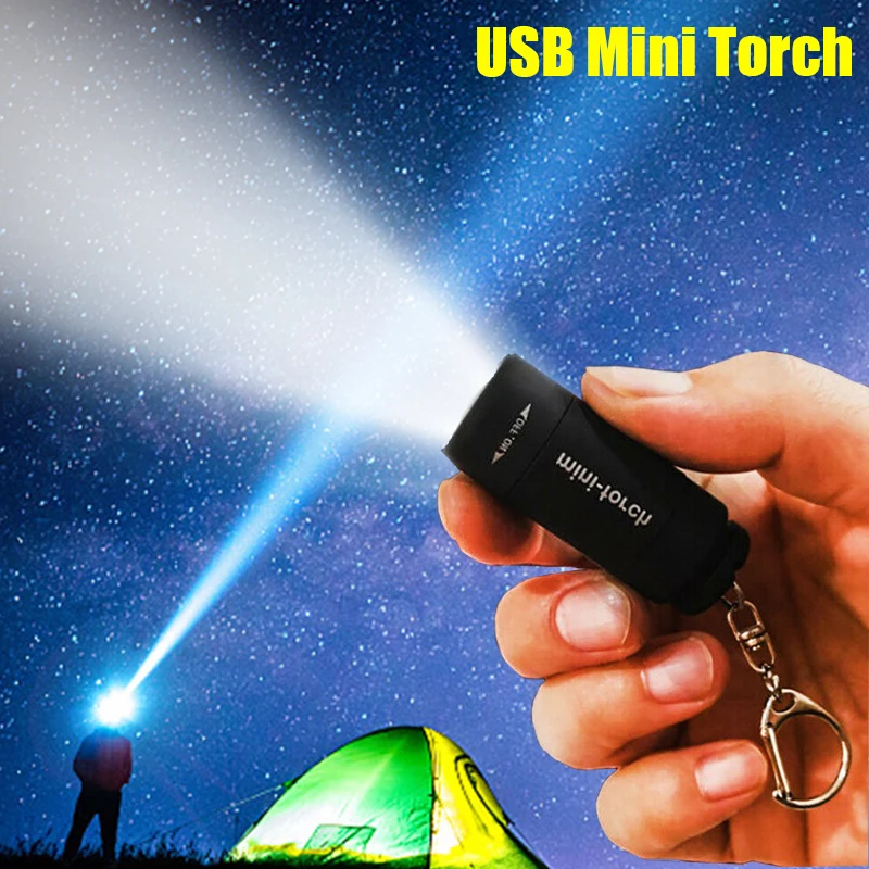 Mini LED Torch USB Charging Portable Keychain Flashlight Rotary Switch Lamp Waterproof Outdoor Camping Emergency Flashlight