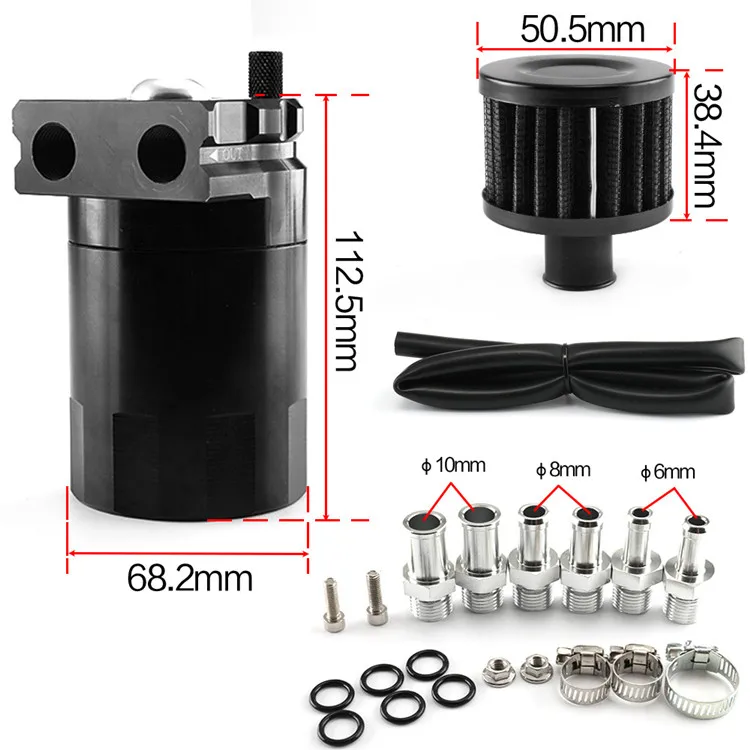 Oil Catch Reservoir Breather Can Tank +Filter Kit Cylinder Aluminum Engine Black