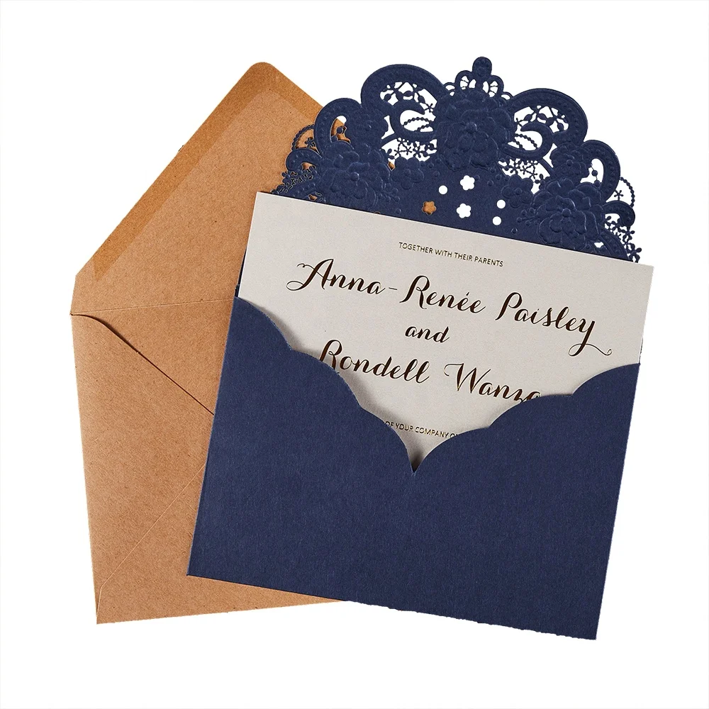 Navy blue envelope pocket embossed floral wedding card cover custom luxury invitation