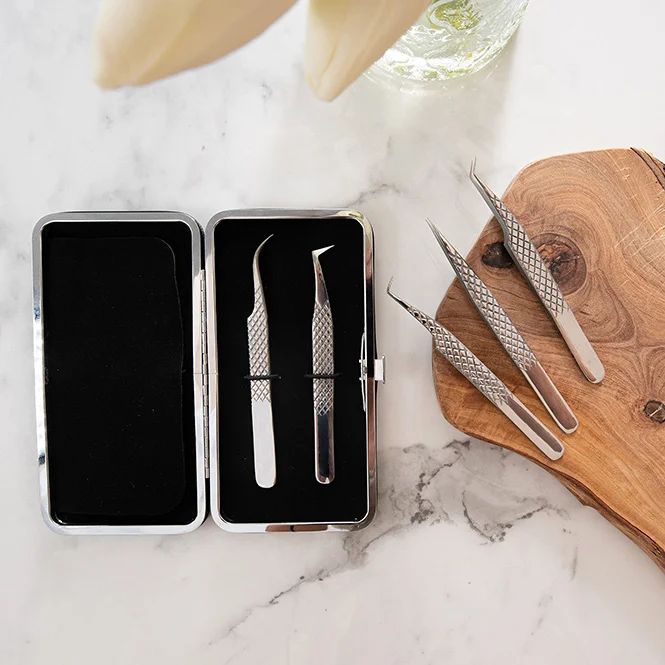 Wholesale 45 degree custom stainless steel private label black diamond grip eyelash extension tweezers coated tip