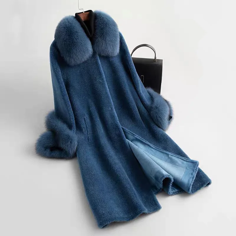 CX-G-T-25C Ladies Fox Fur Collar Winter Lambswool Long Teddy Coats Sheep Wool Coat