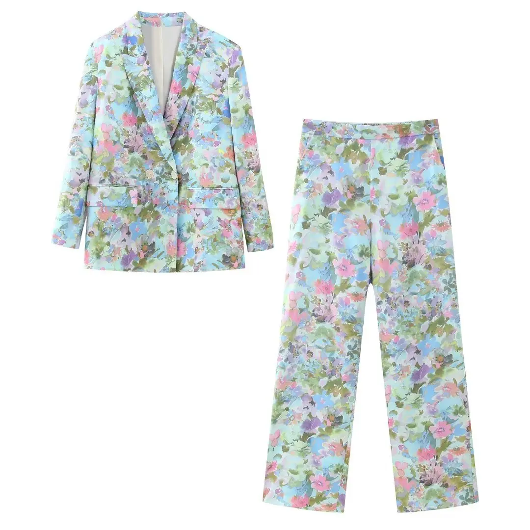 New product printed silk satin pant suit blazer and pants set for women satin blazer woman suit