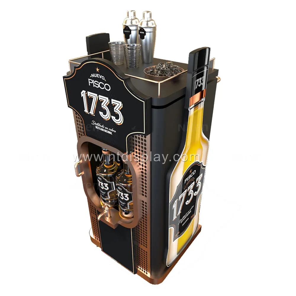 Custom Design Luxury Wine Mini Bar Display Corner Wall Mount Gold Cabinet Wooden Metal Wine Display For Duty-Free Shop