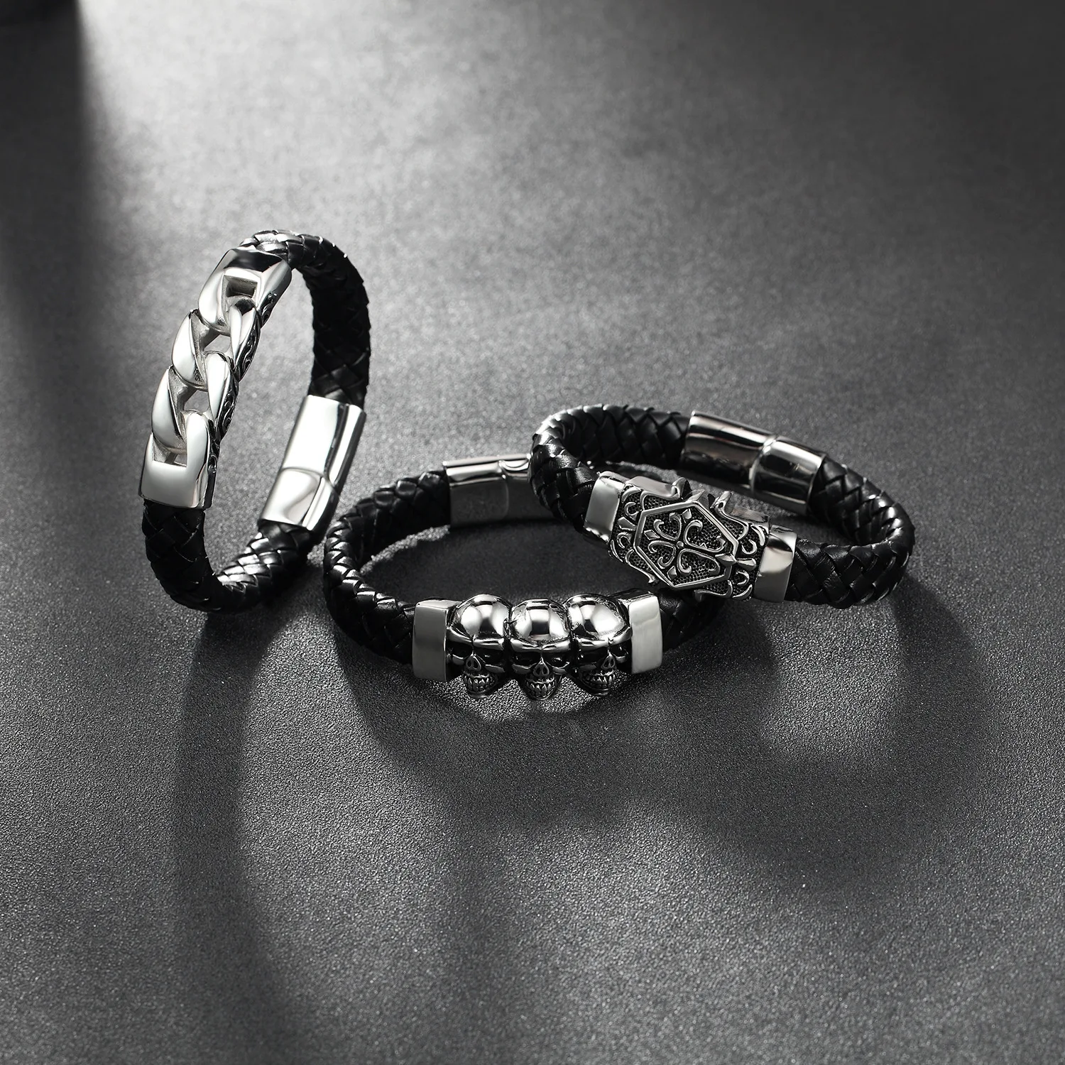 Fashion Personality Retro Jewelry Stainless Steel Leather Rope Magnet Clasp Men Jewelry Leather Bracelets