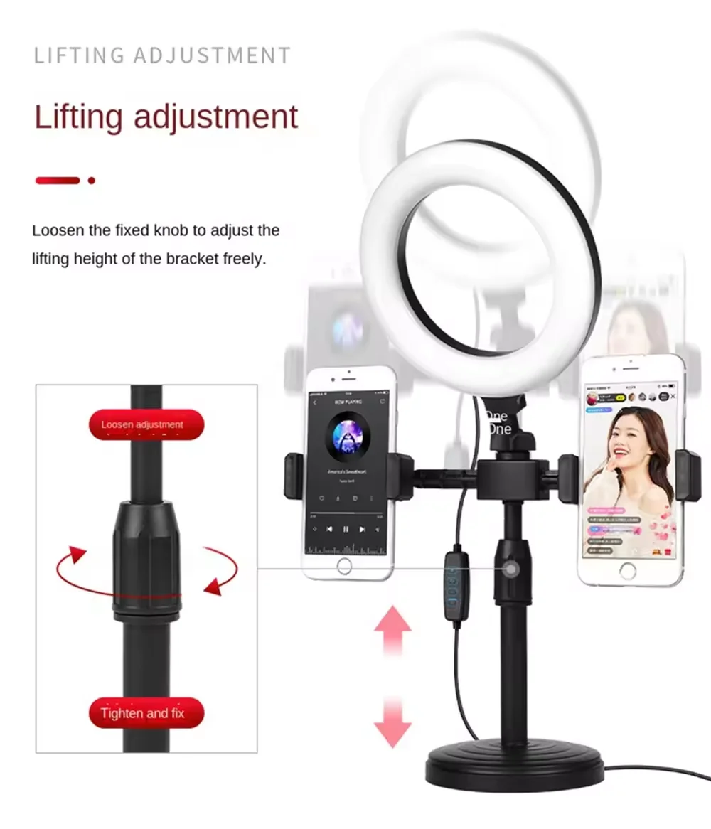 16CM 6-Inch Wired Ring Fill Light Beauty LED Live Streaming Dual Mobile Clip Phone Holder Table Desktop CellPhone Stand PC