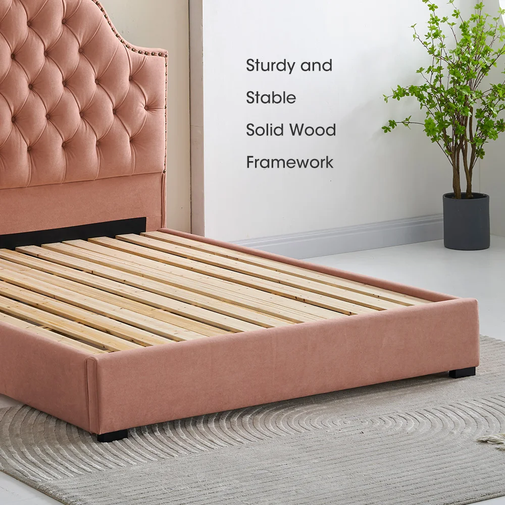 Customize mattress foundation sleep beds base wood platform velvet button-tufted padding headboard wooden upholstered bed frames