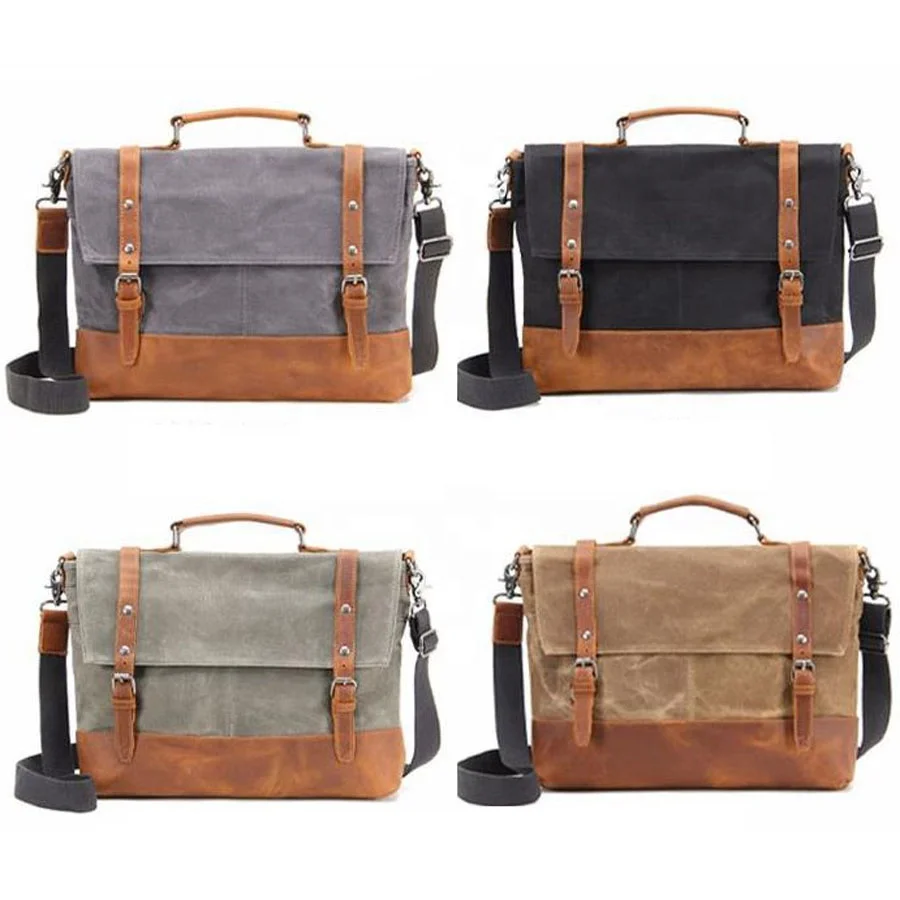15.6inch Waterproof Waxed Canvas Genuine Leather Briefcase Computer Laptop Messenger Bag Large Satchel Shoulder Bag