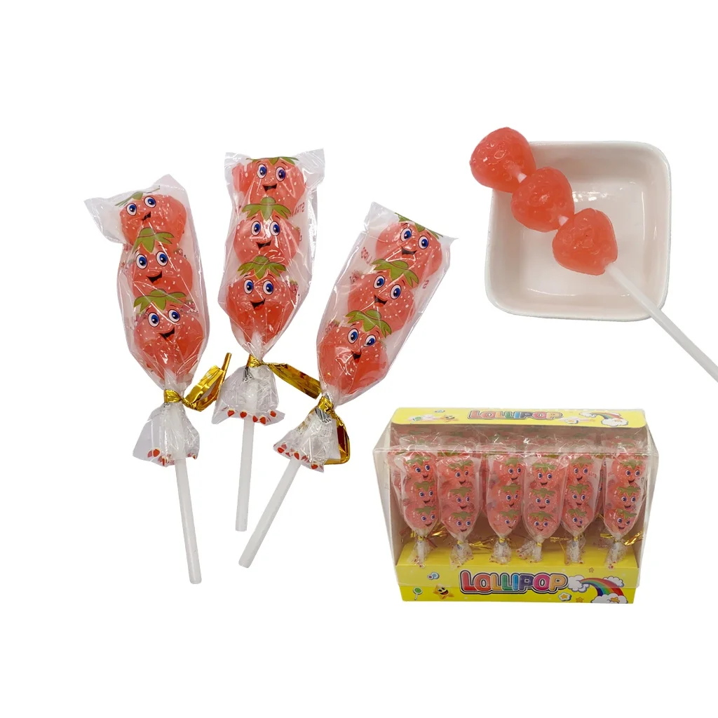 Factory price Fruit flavor Strawberry shape Stick Sweet Lollipop
