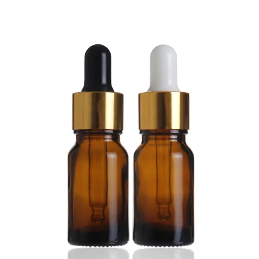 Empty amber round essential oil dropper 10ml glass bottle for perfume with golden metal plastic dropper