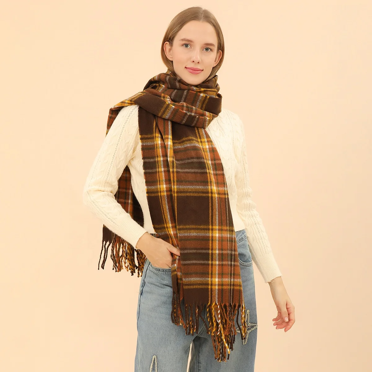 Женская мягкая акриловая зимняя шаль плотное одеяло плед с бахромой шарф