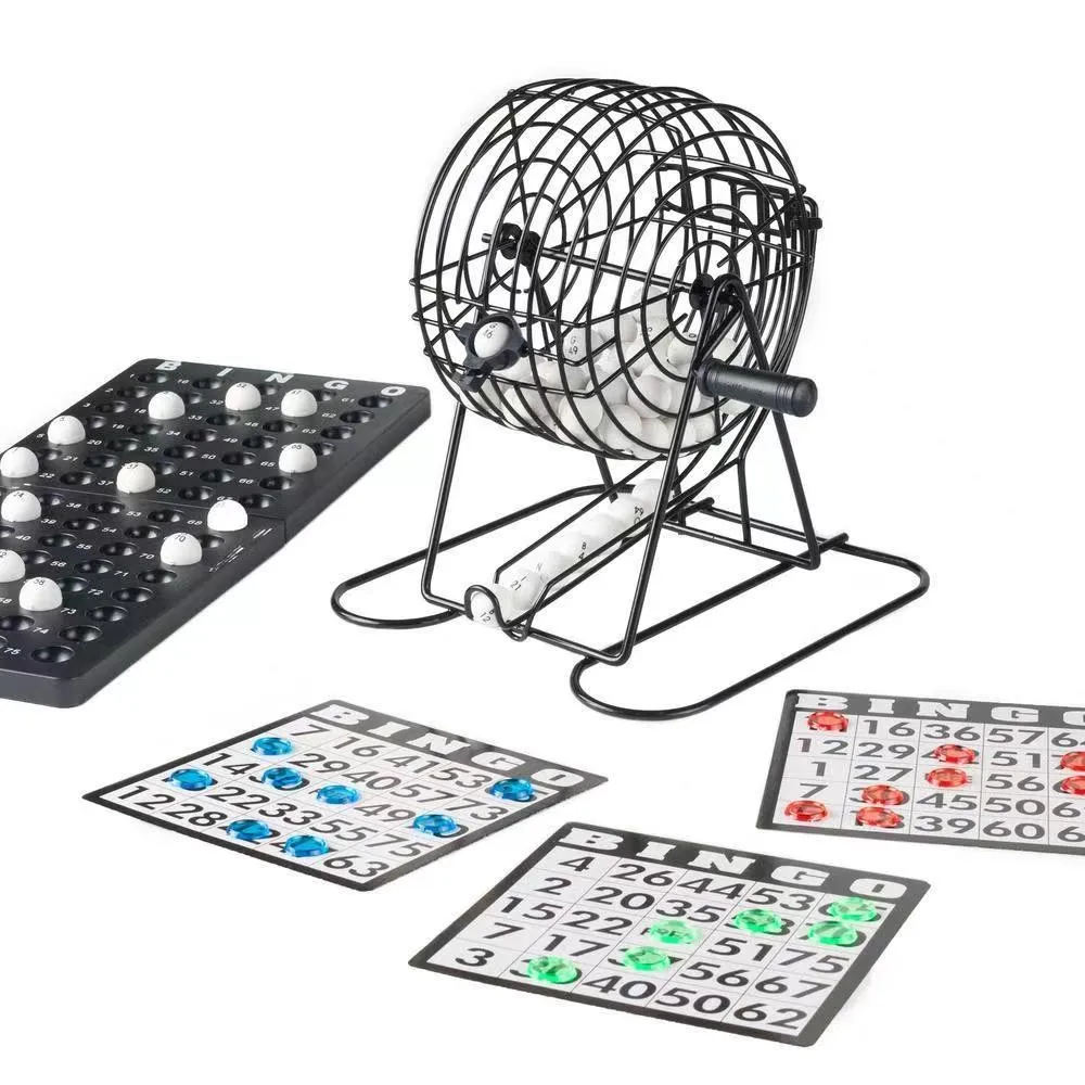 Traditional Bingo Game Set Metal Cage With Master Board Bingo Cards Colorful Chips Calling Balls For Family Game