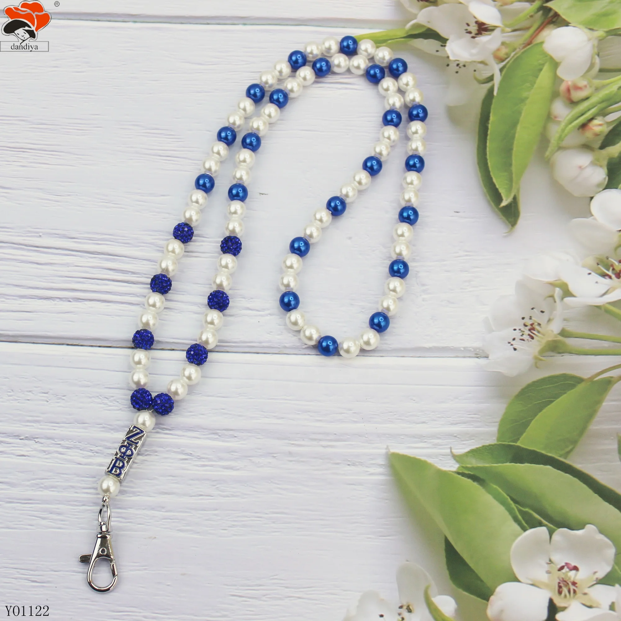 Customized Logo Rhinestone BALL with Pearls beaded hand make Alloy Key Chain Lanyard Necklace Greek All Groups Sorority for lady