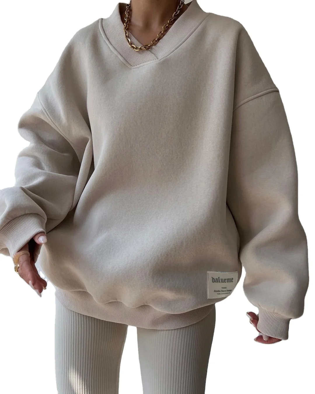 Sticker loose sweatshirt European and American autumn and winter new Amazon V-neck long-sleeved versatile sweatshirt for women