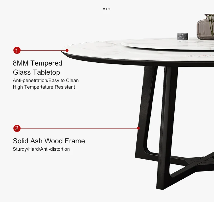 New Rotary Household Round Tempered Glass Dining Table Set with Leather Chair Glass Top Solid Ash Wood Base Turntable Factory