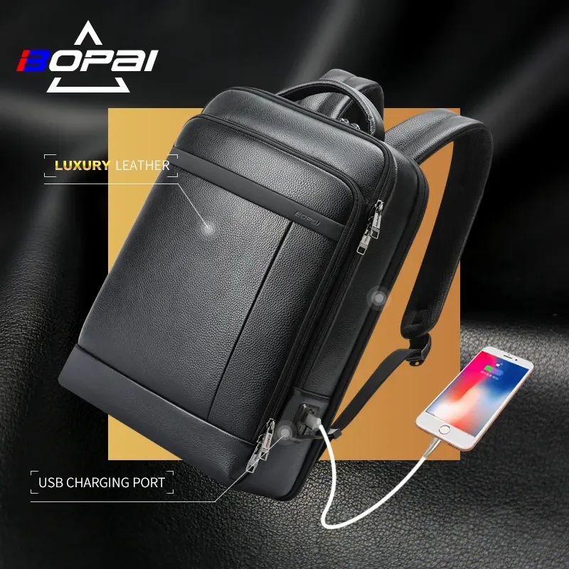 Bopai OEM BSCI premium custom logo multifunctional luxury usb charging bagpack for 15.6 inch laptop genuine leather backpack men