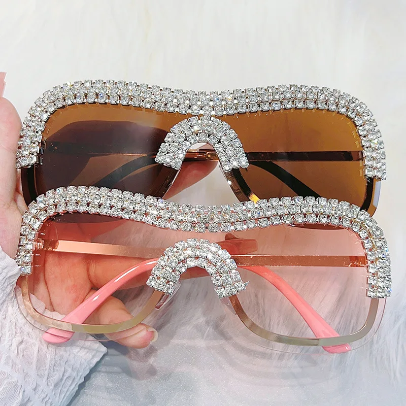 2024 New arrival women trendy diamond bling crystal sunglasses oversized y2k punk one piece vintage sunglasses