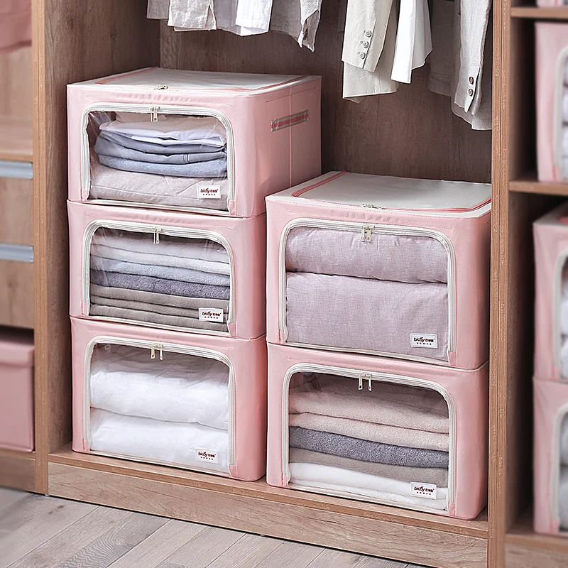 Hot Sale Foldable Clothing Fabric Storage Box Three Sided Visibility Household Clothing Sundries Storage Box with Steel Frame