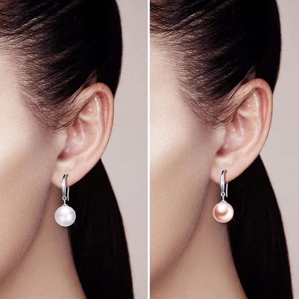 Pink White fine 10mm freshwater pearl Round shellfish Hanging 925 sterling Silver Women Hoop earrings