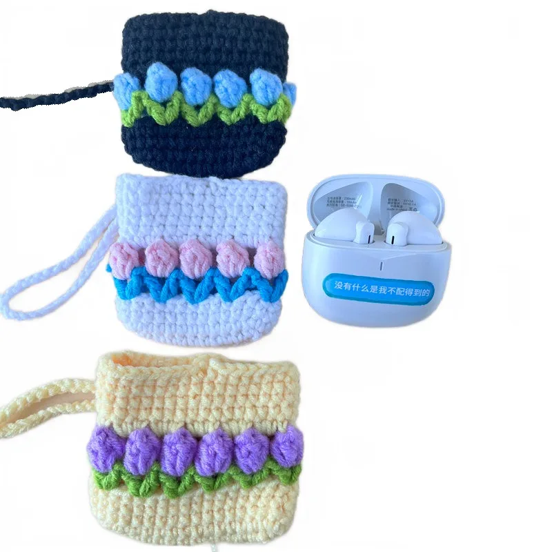 Crochet Lovely Knitting tulip Protective Wireless Earphone Cases Bag
