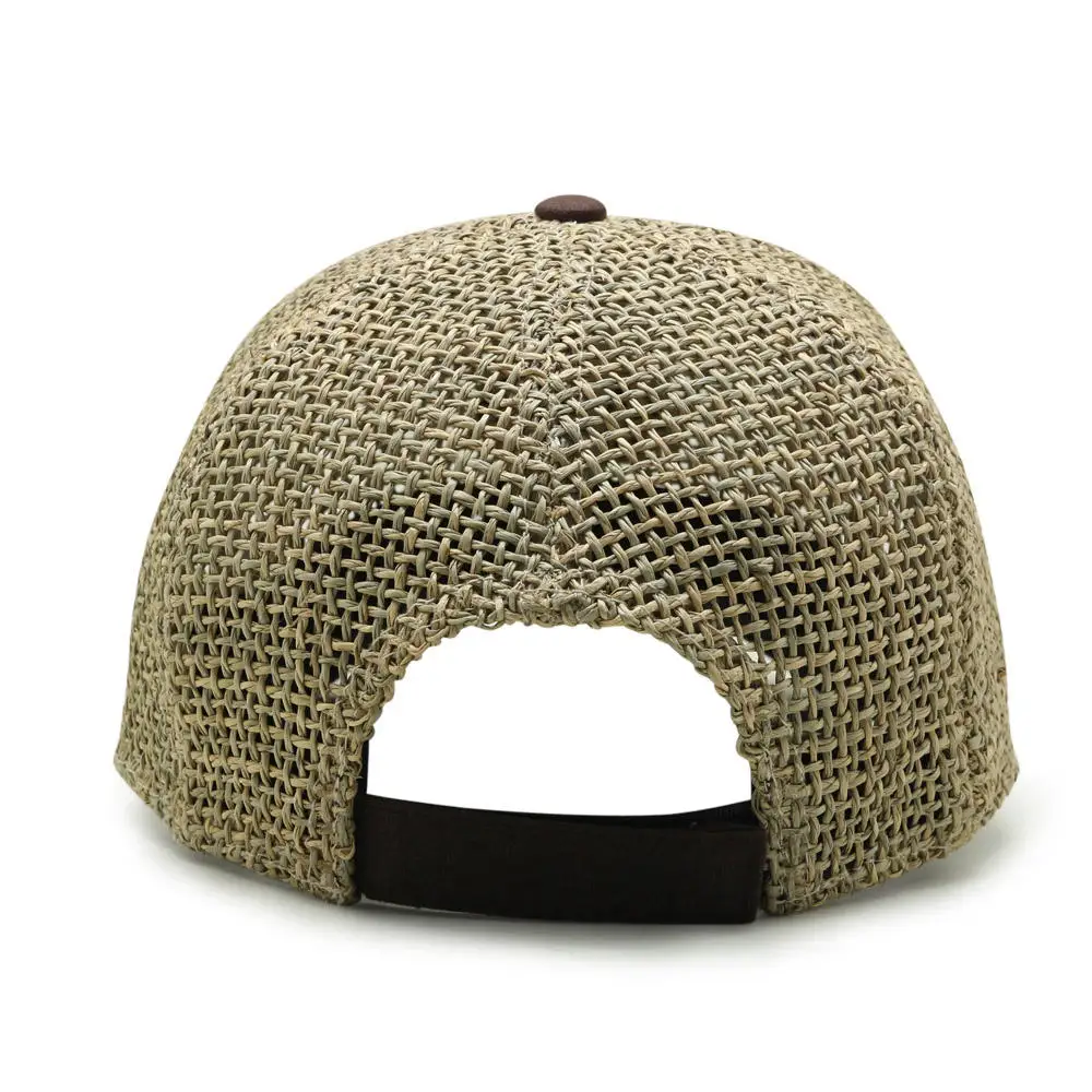 Custom grass fashion linen mesh cap patching logo breathable leather brim baseball cap